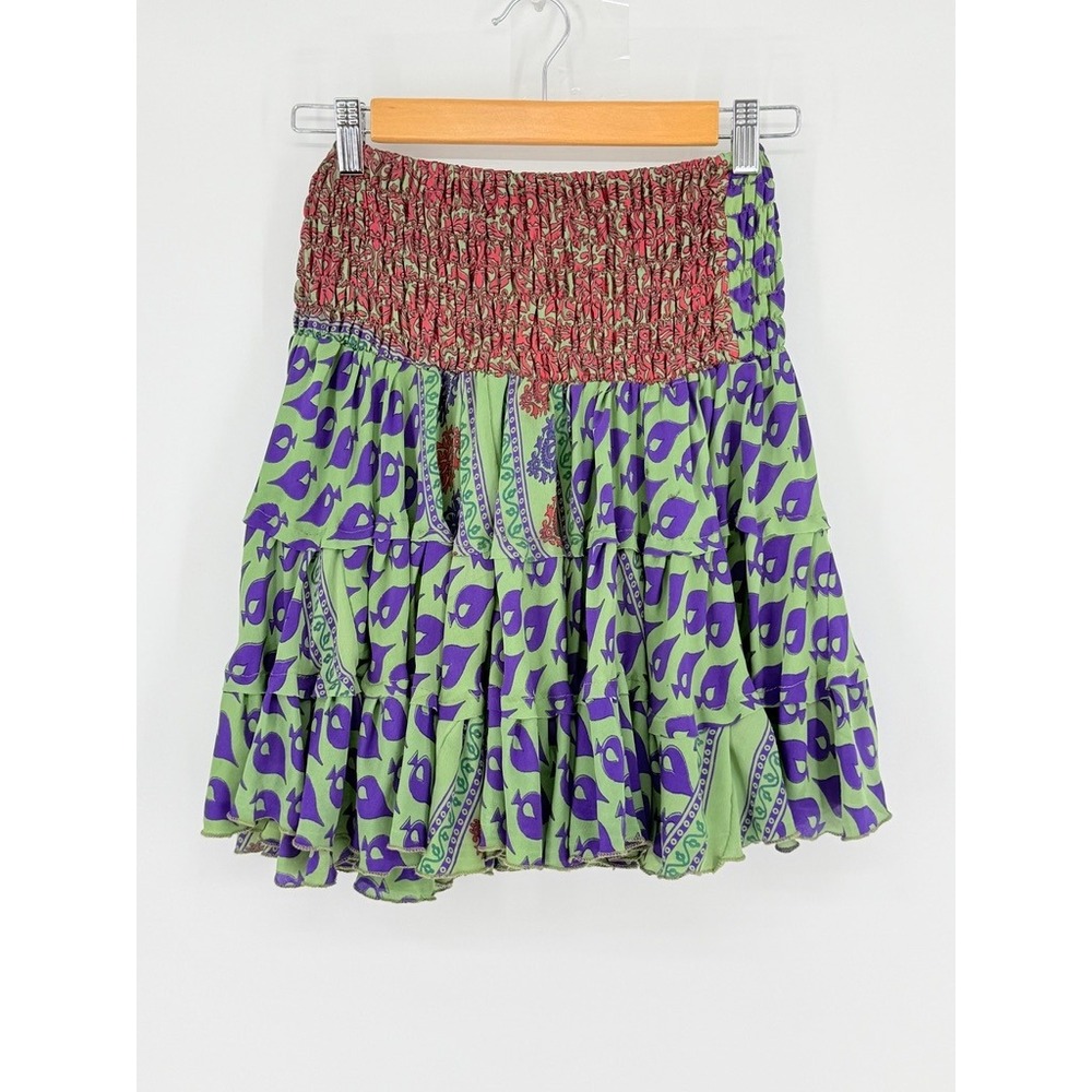 Tiered Boho Silk Blend Skirt Mini Green Paisley Smocked Festival Lettace Hem Y2k - Picture 2 of 6